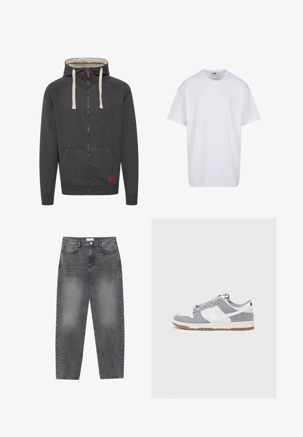 Harmaa vetoketjullinen huppari, joka on valmistettu pehmeästä kankaasta. Siinä on vuorattu huppu, kermaiset narut, etutaskut ja pieni nahkainen logopatchi hemissä.; Valkoinen puuvillainen t-paita, jossa on lyhyet hihat, pyöreä kaula-aukko, rento istuvuus ja ei näkyviä logoja tai kuvioita. Sileä pinta ja minimaalinen muotoilu.; Korkeavyötäröiset, väljät farkut haalistuneesta mustasta denimestä. Ominaisuuksiin kuuluu viisi taskua, vyölenkit ja siisti, suora lahjetyyli.; Niken tennarit on valmistettu harmaasta mokkanahasta ja valkoisesta nahasta, joissa on rei'itykset, pyöreät nauhat ja kumipohja pitoon.