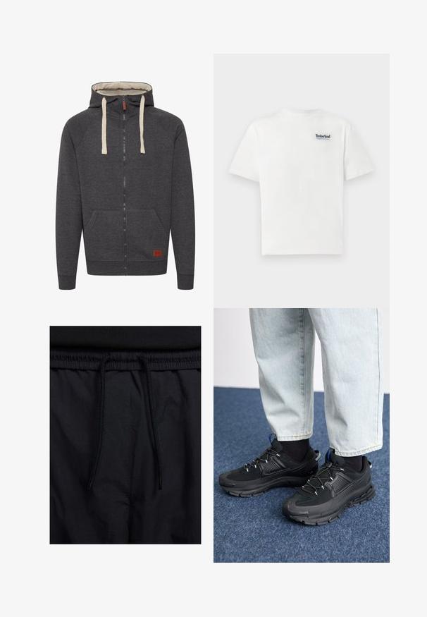 Gray zip-up hoodie made of soft fabric. Features a lined hood, cream drawstrings, front pockets, and a small leather logo patch on the hem.; White cotton t-shirt featuring a blue embroidered "Timberland Rugged Active Gear" logo on the upper left chest. Short sleeves and round neck.; Black shorts featuring a drawstring waistband, lightweight fabric with a smooth texture, and a simple design without visible logos or patterns.; Black athletic shoes with textured fabric and rubber soles, featuring elastic laces and a blue accent on the heel. Worn with light denim pants.