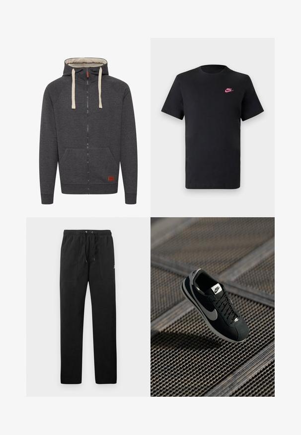 Hall grey zip-up kapuutsiga, mis on valmistatud pehmest kangast. Omab vooderdatud kapuutsi, kreemikat tõmbluku paela, esipockets ja väikest nahast logo sildikest hemme peal.; Must musta t-särk, millel on ümmargune kaelus ja lühikesed varrukad. Ees on roosa Nike logo vasakul ülaosas. Sile tekstuur.; Mustad fliisist sportpüksid, millel on elastne vöö ja paelad, kaks esi-taskut ning väike logo reie peal.; Mustas Nike'i jooksujalats hallide aktsentidega, kangast ja võrkmaterjalidest, tekstureeritud tallaga, kitsas kuju ja klassikalise lipsukujundusega.