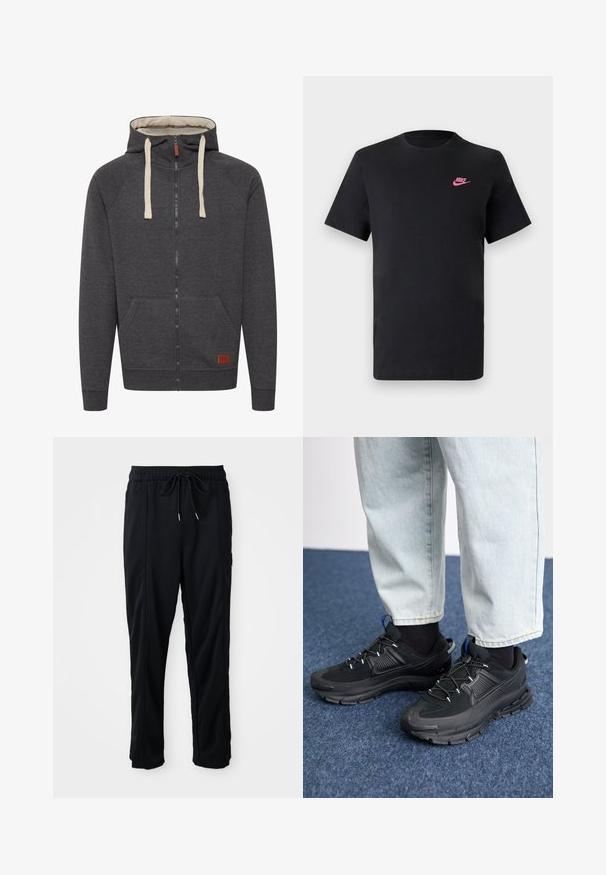 Gray zip-up hoodie made of soft fabric. Features a lined hood, cream drawstrings, front pockets, and a small leather logo patch on the hem.; Black cotton t-shirt with a round neckline and short sleeves. Features a pink Nike logo on the upper left side. Smooth texture.; Black drawstring waist casual pants with side seam pockets and straight leg cut on a plain background.; Black athletic shoes with textured fabric and rubber soles, featuring elastic laces and a blue accent on the heel. Worn with light denim pants.