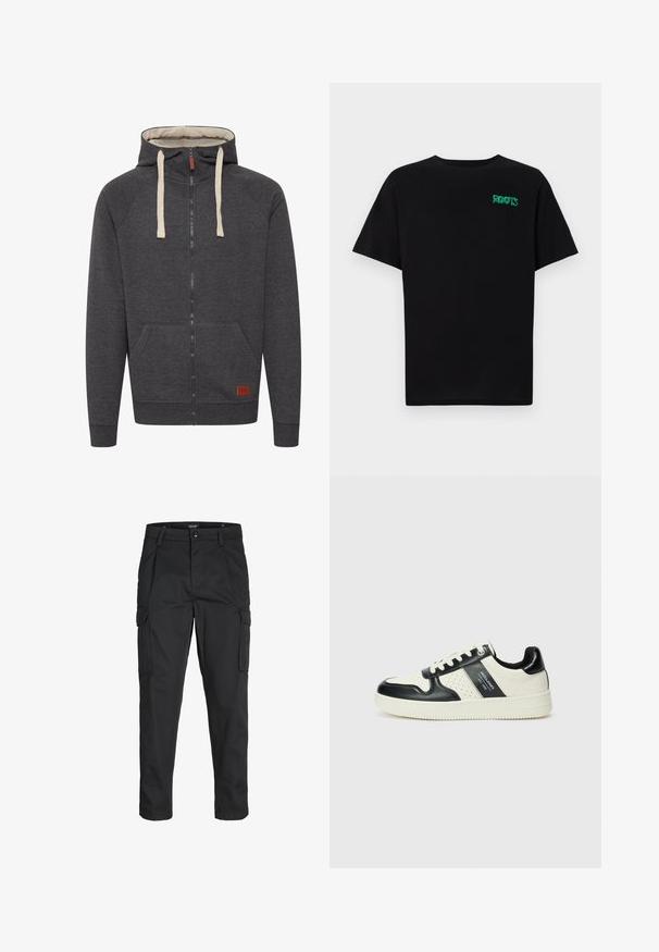 Siva zip-up kapuca izdelana iz mehkega materiala. Ima podloženo kapuco, kremne vrvi, sprednje žepe in majhno usnjeno oznako na robu.; Črna majica iz bombaža z kratkimi rokavi. Na sprednji strani ima zeleno logotip "ROOTS", okroglo ovratnico in standardno prileganje.; Črne cargo hlače iz trdnega blaga, ki imajo več žepov, gumbasto zapiranje in ozek kroj z zožanimi nogami.; Usnjeni športni čevlji z črno in krem barvno shemo, ki vključujejo perforirane dodatke, podložen ovratnik in strukturirano podplat.