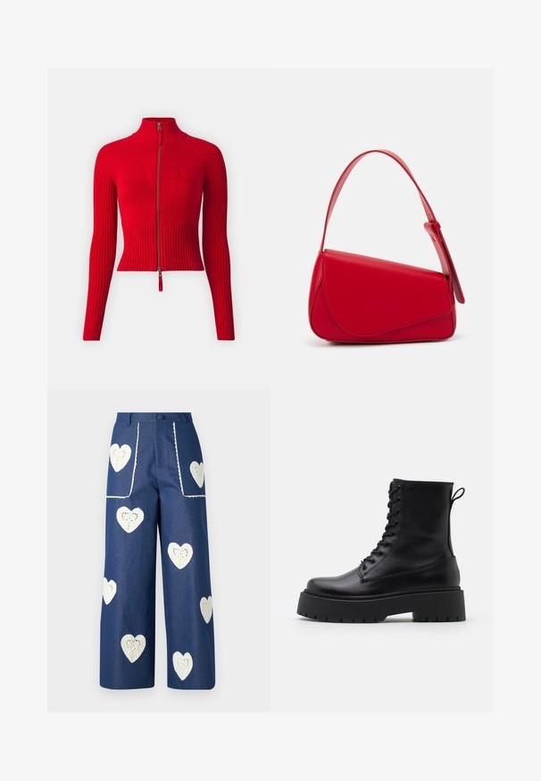 BDG Urban Outfitters Kardigan - red; Lille kreemipehme lilleline pluus, millel on pikad puhvli varrukad, millel on lillad, oranžid ja rohelised lillemustrid ning klassikaline kaelus.; Sister Jane HEART TO HEART - Sirgete säärtega teksad - blue denim; Mustad mustad nahast pahkluu saapad ümarate varvastega, nööridega esiosas ja paksu kummist talla ning tekstuuritud mustriga. Tagumine tõmbeaas.; Punane nahast käekott, millel on nurkadega geomeetriline disain. Omab ühte reguleeritavat rihma ja klappidega sulgemist, millel on õmblustega kaunistused.