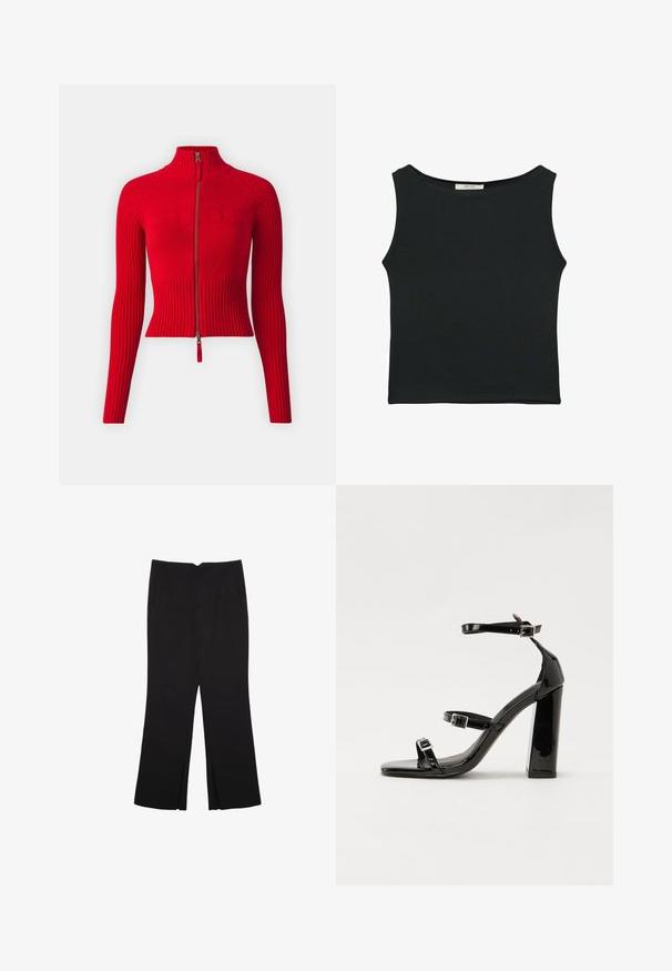 BDG Urban Outfitters Jopica - red; Črn brezrokavnik iz gladkega materiala, z okroglim izrezom in prilegajočim krojem, brez vidnih vzorcev ali okrasnih elementov.; Črne hlače ravnega kroja z naglavnimi žepi in stranskimi razporki na robu. Narejene iz mehke, gladke tkanine. Primerne za različne priložnosti.; Črne lakirane sandale s peto, kvadratnim prstom, trakovi okrog gležnja in srebrnimi zaponkami. Opremljene so s stabilno Debelo peto.