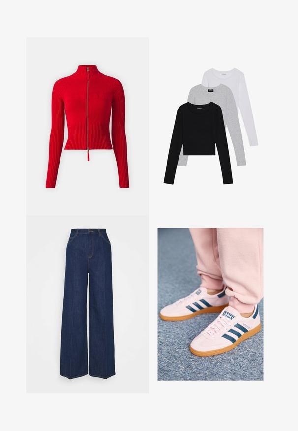 BDG Urban Outfitters Kardigán - red; Tričko s dlhým rukávom v troch farbách: čiernej, sivej a bielej. Každé má okrúhly výstrih a skrátený strih vyrobený z hladkej, ľahkej tkaniny.; Džíns s vysokým pásom a širokými nohavicami, tmavomodrej farby, s prednými a zadnými vreckami, zapínaním na gombík a viditeľnými švy.; Svetloružové semišové tenisky s tmavomodrými koženými pruhmi a gumenou podrážkou. K dispozícii sú ploché šnúrky a značka na boku a jazyku.