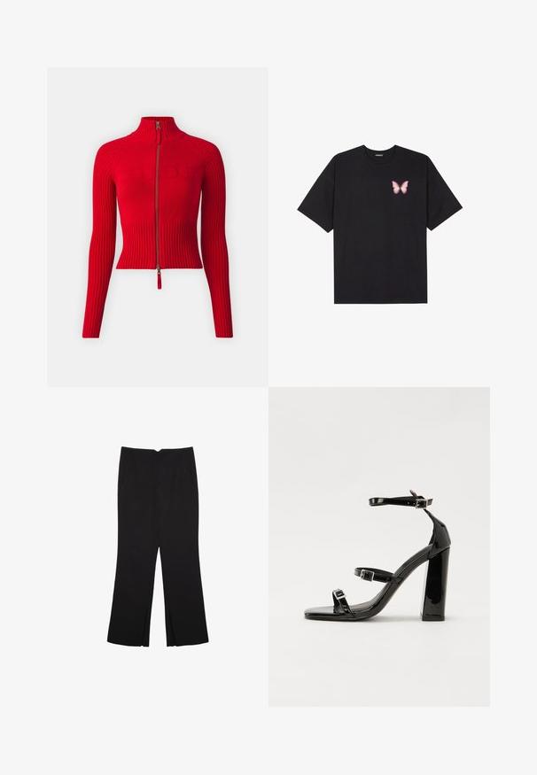 BDG Urban Outfitters Strickjacke - red; Schwarzes Baumwoll-T-Shirt mit kurzen Ärmeln, das ein kleines pinkes Schmetterlingsmotiv auf der linken Brust zeigt. Crewneck-Design mit einem entspannten Schnitt.; Schwarze Hose mit geradem Schnitt, ausgestattet mit Fronttaschen und Seitenschlitzen am Saum. Hergestellt aus weichem, glattem Stoff. Geeignet für verschiedene Anlässe.; Schwarze patentierte Sandalen mit Absatz, quadratischer Spitze, Knöchelriemen und silbernen Schnallen. Mit einem stabilen Blockabsatz für mehr Stabilität.