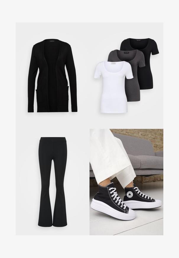 Cardigã preto com frente aberta, feito de material suave. Apresenta mangas longas e dois bolsos frontais. Design simples com detalhes canelados.; Três t-shirts ajustadas em branco, cinza e preto. Cada uma possui um decote amplo e mangas curtas. Feitas de um tecido liso e elástico.; Calças pretas de corte alargado feitas de tecido elástico, com uma cintura alta e uma textura suave. As calças alargam-se a partir do joelho.; Ténis pretos de cano alto com solas e atacadores em borracha branca. Apresentam um emblema redondo e costuras contrastantes em branco. Material em lona.