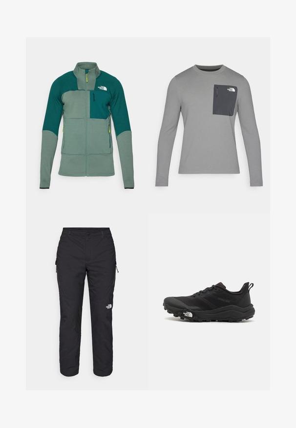 Roheline välistingimustes jakke, millel on tekstuuriga kangas, kõrge krae, eesmine tõmblukk ning kontrastsete värvipaneelidega, rinnatasku ja logo.; Pikacitega hall pikka varrukaga särk, millel on tekstuuriga kangas, tumeda halli rinnataskuga ja tõmblukuga. Taskul valge logo.; The North Face WINTER EXPLORATION TAPERED CARGO - Õuepüksid - black; Must tume jooksujalats musta värvi, tekstuurse ülemise osaga, kummist tallaga ja tugevdatud varbaga. Omab pehmendusega krae ja tõmblinti mugavaks selga panemiseks.