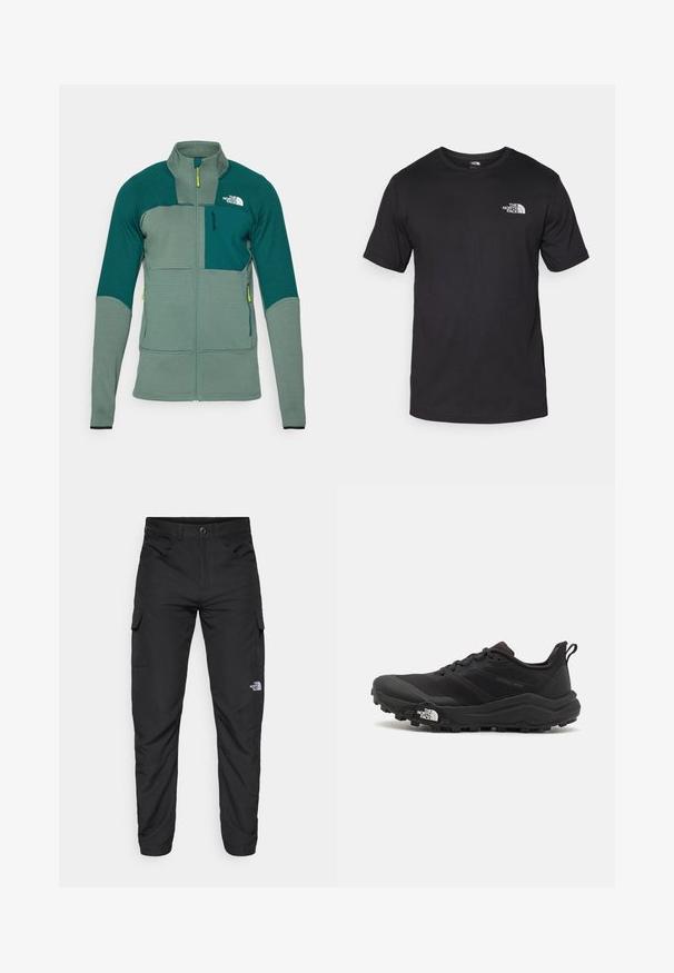 Zöld kültéri dzseki textúrált anyaggal, magas gallérral, elülső cipzárral és kontrasztos színű panelekben, valamint egy melletti zsebbel és logóval.; Fekete rövidujjú pamut póló, kerek nyakkivágással, a bal felső mellkason egy kis fehér logóval.; The North Face HORIZON PANT - Szabadtéri nadrágok - black; Fekete terepfutó cipő, textúrált felső résszel, gumitalppal és megerősített lábujjrészével. Párnázott bokarésszel és húzófüllel rendelkezik a könnyű felhúzáshoz.