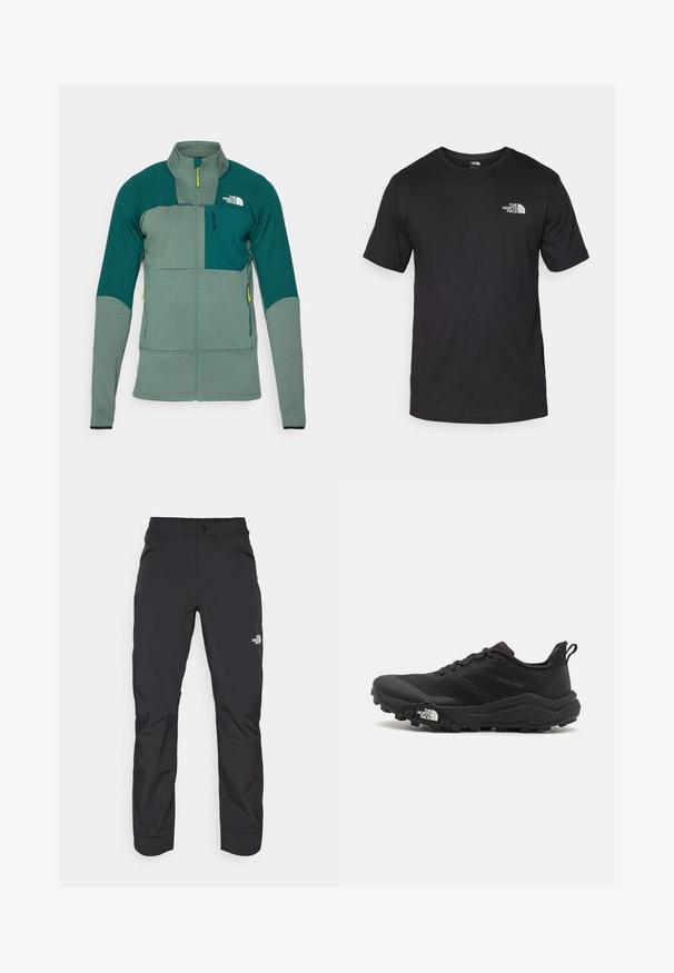 Giacca outdoor verde con tessuto texture, colletto alto, zip frontale e pannelli di colore a contrasto, dotata di tasca sul petto e logo.; T-shirt nera a maniche corte in cotone, con scollatura rotonda e un piccolo logo bianco nell'area superiore sinistra del petto.; Pantaloni da esterno neri con tasca frontale con zip, materiale sintetico, gambe affusolate e pannelli rinforzati sulle ginocchia. Presentano una chiusura con bottone.; Scarpa da trail running nera con tomaia texture, suola in gomma e punta rinforzata. Presenta un collare imbottito e un tassello per un indossamento facile.