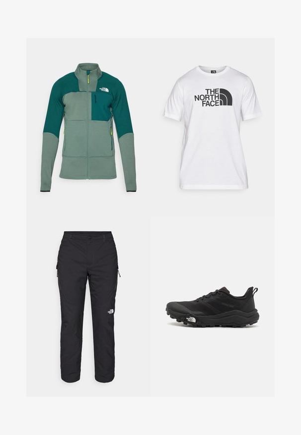 Veste d'extérieur verte avec un tissu texturé, un col montant, une fermeture éclair à l'avant, des panneaux de couleur contrastante, une poche poitrine et un logo.; T-shirt en coton blanc avec un imprimé graphique noir comprenant du texte et un design de logo courbé. Encolure ronde et manches courtes. Texture lisse.; The North Face WINTER EXPLORATION TAPERED CARGO - Pantalons outdoor - black; Chaussure de trail running noire avec une tige texturée, semelle en caoutchouc et bout renforcé. Présente un col rembourré et une tirette pour un enfilage facile.