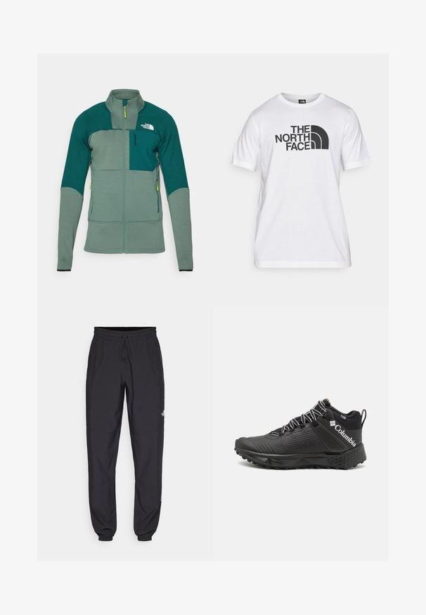 Green outdoor jacket featuring a textured fabric, high collar, front zipper, and contrasting color panels with a chest pocket and logo.; White cotton t-shirt featuring a black graphic print with text and a curved logo design. Round neckline and short sleeves. Plain texture.; Black athletic pants made from lightweight fabric, featuring a drawstring waistband, side pockets, and tapered cuffs at the ankles.; Black athletic shoes with textured upper, contrasting white laces, and Columbia logo on the side. Features a rugged sole for traction.