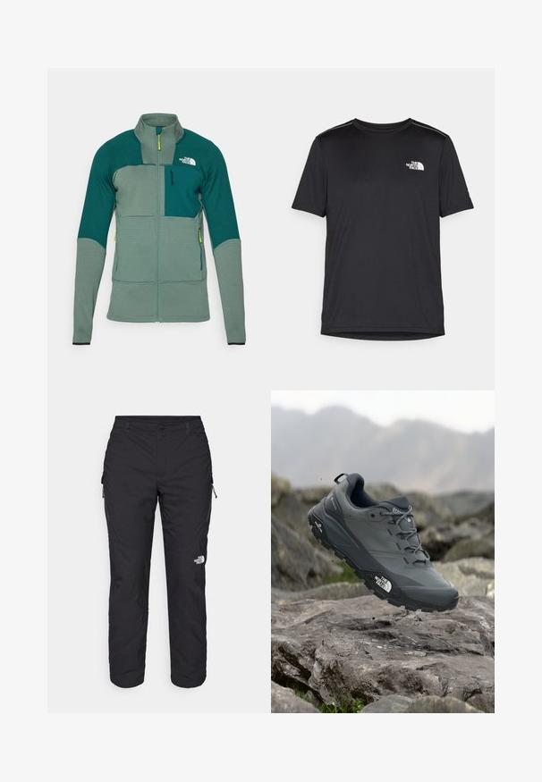 Zaļa āra jaka ar teksturētu audumu, augstu apkakli, priekšējo rāvējslēdzēju un kontrastējošiem krāsu paneļiem, kā arī krūšu kabatu un logotipu.; Melnas īsām piedurknēm T-kreklas, izgatavots no viegla auduma. Uz kreisā krūtīm ir neliels balts logo un smalki plecu akcenti.; The North Face WINTER EXPLORATION TAPERED CARGO - Āra bikses - black; Pelēki skrējēju apavi ar teksturētu virsu, izturīgu gumijas zoli un pastiprinātu pirkstu daļu. Iekļauj šņores un zīmola logo sānos.