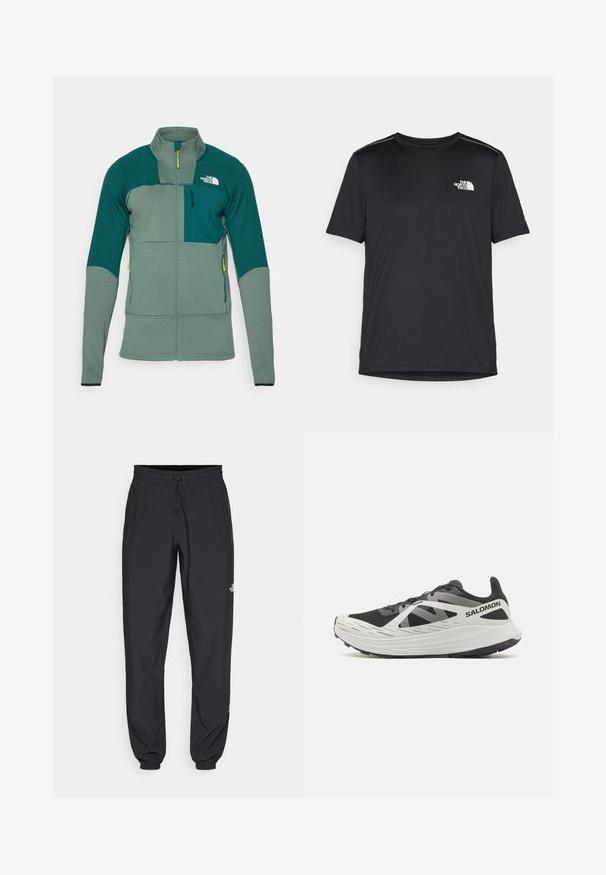 Veste d'extérieur verte avec un tissu texturé, un col montant, une fermeture éclair à l'avant, des panneaux de couleur contrastante, une poche poitrine et un logo.; T-shirt noir à manches courtes en tissu léger. Présente un petit logo blanc sur la poitrine gauche et des accents subtils aux épaules.; Pantalon de sport noir en tissu léger, avec une taille à cordon, des poches latérales et des chevilles resserrées.; Baskets de sport noir et blanc avec tige en maille, talon renforcé et amorti léger. Dispose de rayures contrastantes et d'une semelle texturée.