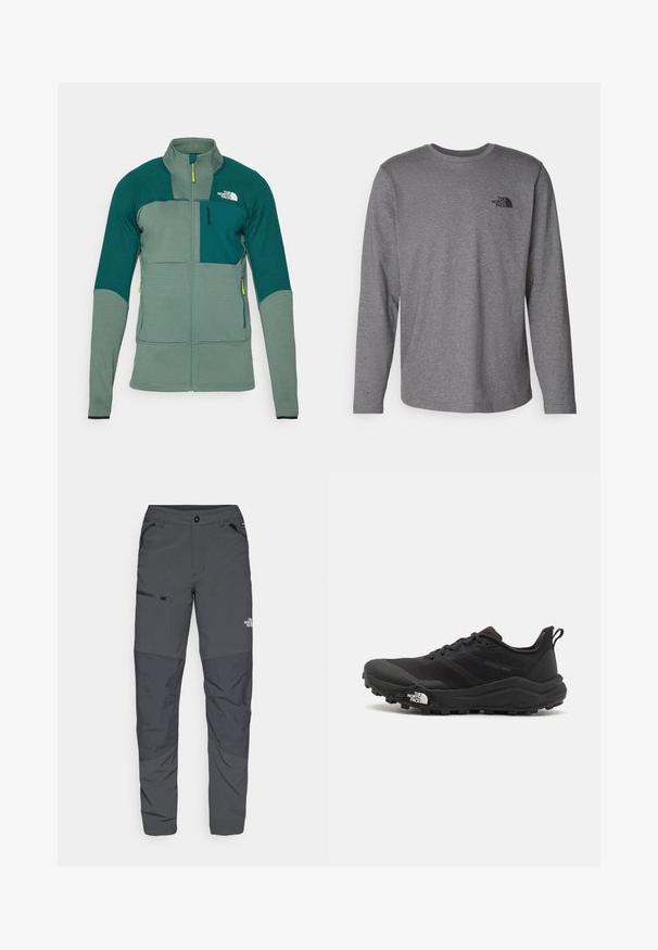 Zelená venkovní bunda se strukturovanou tkaninou, vysokým límcem, předním zipem a kontrastními barevnými panely, s náprsní kapsou a logem.; The North Face M L/S SIMPLE DOME TEE - Top s dlouhým rukávem - medium grey heather; Šedé venkovní kalhoty s hladkým povrchem, které mají boční kapsu na zip, vyztužené části na kolenou a decentní detail loga.; Černé trailové běžecké boty s texturovaným svrškem, gumovou podrážkou a vyztuženou špičkou. Obsahují polstrovaný límec a poutko pro snadné obouvání.