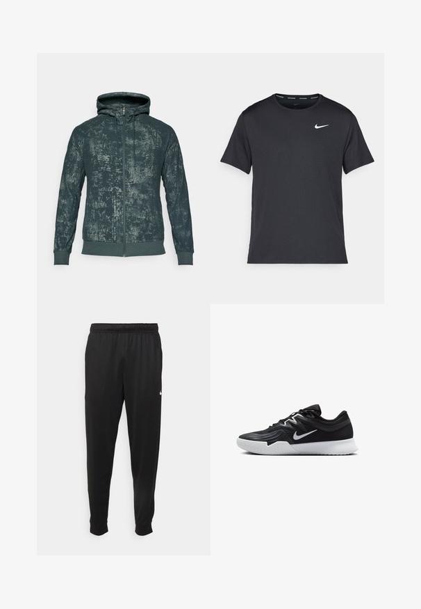 Kapucnis, sötét teálzöld, cipzáros pulóver, texturált mintával, teljes hosszúságú elülső cipzárral és bordázott mandzsettákkal. Könnyű anyag.; Fekete Nike futó póló, könnyű, légáteresztő anyagból készült, rövid ujjú, és a mellkasán egy kicsi fehér logó található.; Fekete sportos nadrág sima anyagból, rugalmas derékkal, szűkülő lábakkal és egy kis fehér logóval a bal oldalon.; Fekete sportcipő texturált felsőrésszel, fehér Nike logóval és fehér gumitalppal. Fűzős kialakítással és dinamikus formával rendelkezik.