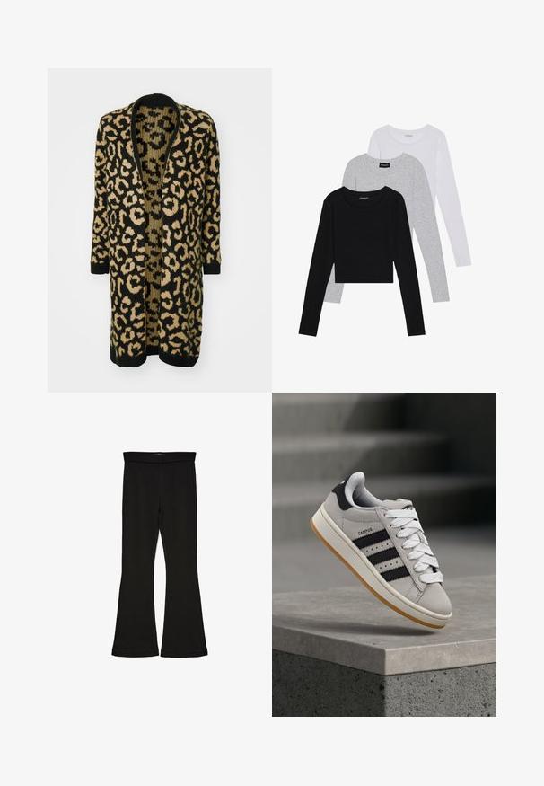 Kardigan z leopardjim vzorom v čiernej a béžovej farbe, s voľným strihom, otvoreným predným dielom a dlhými rukávmi vyrobený z mäkkej pleteniny.; Tri dolga rokava zložena: črna, siva in bela. Vsaka ima okroglo izreznico in skrajšan dizajn z gladkim, lahkotnim materialom.; Črne flare leggings iz raztegljive tkanine. Imajo širok pas in gladko teksturo, s prilegajočo silhueto, ki se na robu razširi.; Siv Adidas Campus športni copat s črnimi črtami in belimi vezalkami, ki lebdi nad betonskim robom s stopnicami v ozadju.