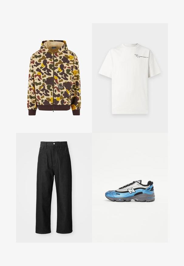 Mikina s kapucňou na zips v béžovej farbe s maskáčovým vzorom, ktorý obsahuje hnedé, zelené a žlté usmievajúce sa tváre. Má predné vrecká a rebrované manžety.; Biele bavlnené tričko s krátkymi rukávmi, okrúhlym výstrihom a čiernym tlačeným textom na hrudi, ktorý znie "Carhartt Work in Progress 1989."; Čierne džínsové nohavice s voľným strihom, vysokým pásom, zipsom a piatimi vreckami. Viditeľné švy na celom obvode.; Modré a strieborné športové tenisky s sieťovinou a syntetickými materiálmi, so silnou šedou podrážkou a výraznými čiernymi akcentmi. Modelové číslo 1000 je viditeľné.