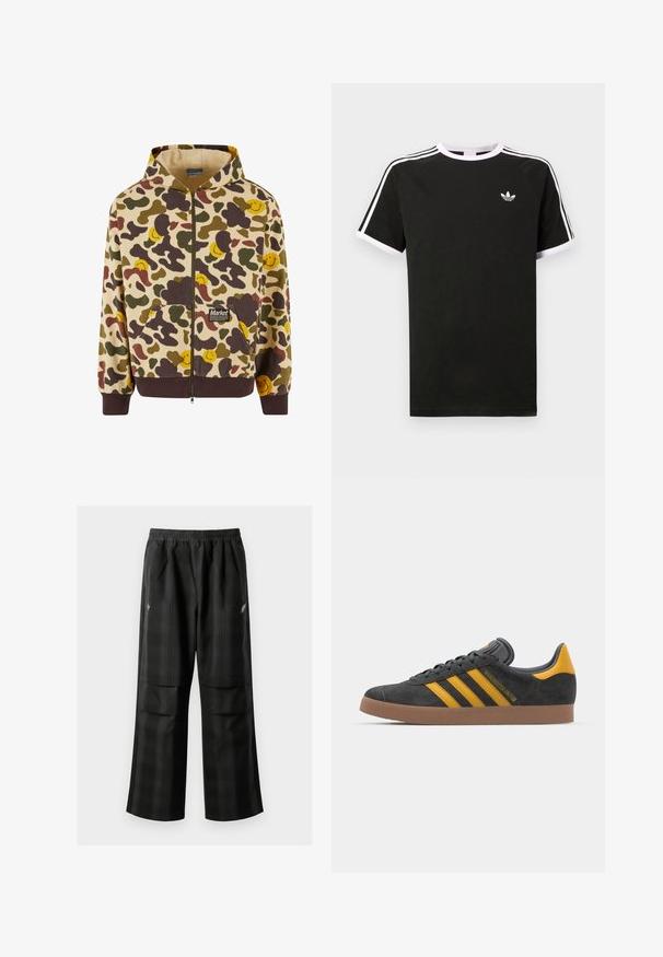 Mikina s kapucňou na zips v béžovej farbe s maskáčovým vzorom, ktorý obsahuje hnedé, zelené a žlté usmievajúce sa tváre. Má predné vrecká a rebrované manžety.; Čierne tričko vyrobené z bavlny s bielymi akcentmi. Má krátke rukávy, raglánový strih a malé logo na hrudi. Tri biele pruhy na pleciach.; Čierne kockované nohavice s elastickým pásom, dvoma prednými vreckami a voľným strihom so rovnými nohavicami. Vyrobené z ľahkého materiálu.; Čierne semišové tenisky so žltými akcentmi, ktoré majú tri pruhy a hnedú gumovú podrážku. Obsahujú vypolstrovaný jazyk pre pohodlie.