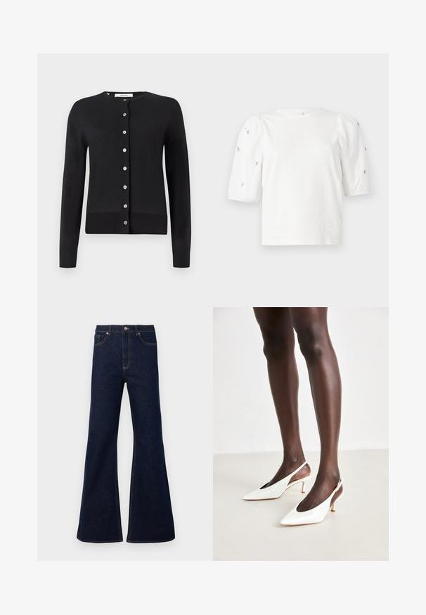 Fekete kardigán puha anyagból, kerek nyakkivágással, hosszú ujjakkal és középső gombolással, ezüst gombokkal.; Fehér pamut póló rövid puffos ujjakkal, a ujjain kicsi ezüst díszítések találhatók. Klasszikus kerek nyakú, laza fazonú.; Sötétkék, bővülő farmernadrág magas derékkal, elülső zsebekkel és arany szálú varrással. Simább textúra, klasszikus szabás.; Fehér lakkbőr, hátul nyitott, hegyes orrú magassarkú cipők, vékony sarokkal és nyitott oldalakkal; sima textúra és minimalista dizájn.