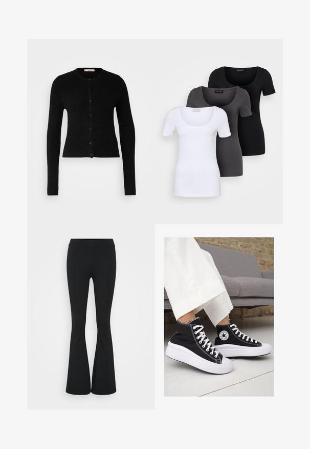 Gina Tricot Tall CARDIGAN - Cardigan - black; Tre figurerte T-skjorter i hvit, grå og svart. Hver har en bred scoop-nakke og korte ermer. Laget av glatt, elastisk stoff.; Svarte flared bukser laget av elastisk stoff, med høy midje og en glatt tekstur. Buksene vidder ut fra kneet.; Sorte lerrets høy-top sneakers med hvite gummisulinger og snørebånd. Har et rundt logo på siden og kontrasterende hvite sting.