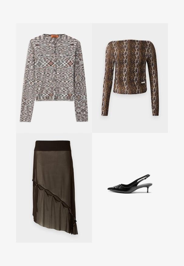 Lühikeste varrukatega kahanev kardigan, millel on ümar kaelus, valmistatud tekstuursetest kudumist. Omab mitmevärvilist abstraktset mustrit, esipaneelil nööbid ja pikad varrukad.; Leopardi mustriga pika varrukaga lühike topp, millel on sile tekstuur, pruun ja must värvipalett ning tagasihoidlik logo aktsent alläärs.; Must mustri seelik, millel on sobiv vöökoht, asümmeetriline äär, dekoratiivsed nupud ees ja kihiline läbipaistev tekstuur.; Musthave nahkased kõrged kontsad, millel on terav varvas, väike kitten-kont ja dekoratiivne sõlm ees. Ühtlane sile tekstuur.
