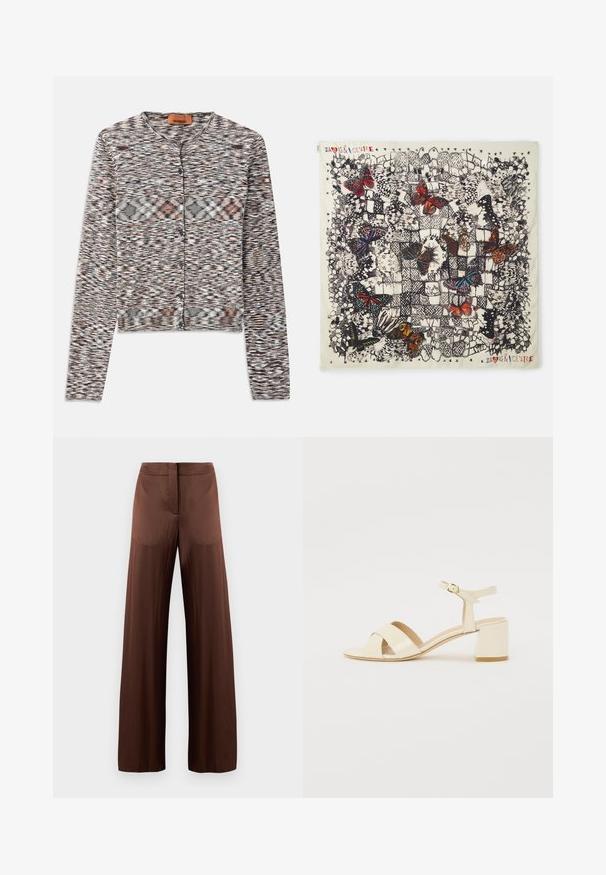 Cardigan court avec un col rond, fabriqué en tissu tricoté texturé. Il présente un motif abstrait multicolore, des boutons sur le devant et des manches longues.; T-shirt à manches courtes blanc côtelé avec un col rond. Le tissu semble lisse avec une silhouette ajustée. Étiquette de marque visible au niveau du col.; Pantalons larges marron en tissu lisse et léger, dotés d'un devant plat, sans poches et d'une silhouette droite.; Sandales à talons en cuir verni beige avec un design à brides croisées, bout ouvert, bride de cheville réglable et un talon carré. Texture lisse.; Foulard en soie carré présentant des illustrations détaillées de papillons de différentes couleurs sur un fond clair, avec des contours noirs et des motifs décoratifs.