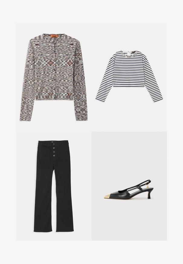 Cardigan corto con scollo rotondo, realizzato in tessuto a maglia testurizzata. Presenta un motivo astratto multicolore, bottoni frontali e maniche lunghe.; Top a maniche lunghe a righe bianco e blu navy, design cropped con scollatura rotonda e dettaglio decorativo in catena argentata al colletto.; Jeans neri in denim a zampa d'elefante con vita alta, design a cinque tasche e chiusura frontale con quattro bottoni metallici.; Scarpe slingback in pelle nera con punta affusolata e tacco metallico dorato. Presentano un design con ritagli e un tacco sottile con cinturino regolabile.
