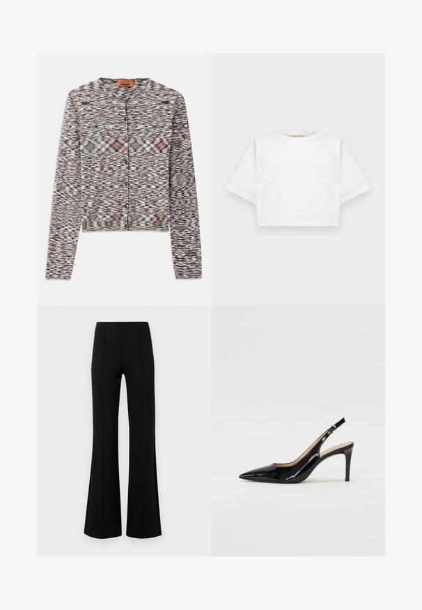 Krótkie kardigan z okrągłym dekoltem, wykonany z fakturowanej dzianiny. Posiada wielokolorowy abstrakcyjny wzór, zapięcie na guziki z przodu oraz długie rękawy.; Skrojona biała koszulka z miękkiego materiału, z krótkimi rękawami, okrągłym dekoltem i żebrowanymi detalami u dołu. Prosty i nieozdobiony design.; Czarne rozszerzane spodnie z wysokim stanem, wykonane z elastycznego materiału. Posiadają pionowe szwy z przodu oraz gładką teksturę.; Czarne lakierowane szpilki typu slingback z szpiczastym noskiem, smukłym obcasem i subtelnym wycięciem. Posiadają złotą klamrę na pasku.