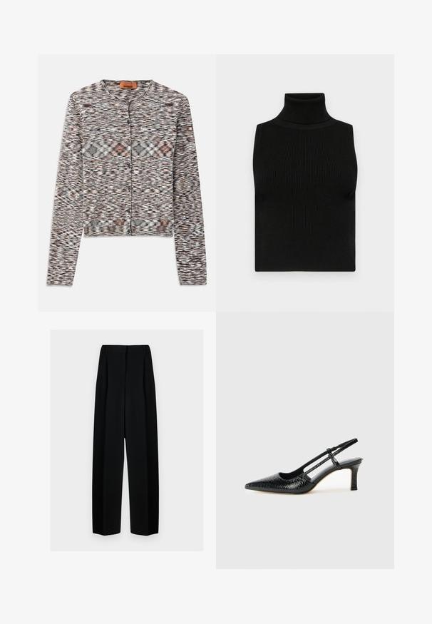 Cardigan corto con scollo rotondo, realizzato in tessuto a maglia testurizzata. Presenta un motivo astratto multicolore, bottoni frontali e maniche lunghe.; Top senza maniche nero a collo alto con texture a coste e design aderente. Tessuto morbido con collo alto e senza ulteriori decorazioni.; Pantaloni neri a gamba larga con vita alta, dotati di pieghe e una texture liscia. Il tessuto sembra leggero e si drappeggia in modo elegante.; Slingback con tacco in vernice nera con punta affusolata, caratterizzato da una stampa a serpente testurizzata, cinturino regolabile e un tacco corto e testurizzato.