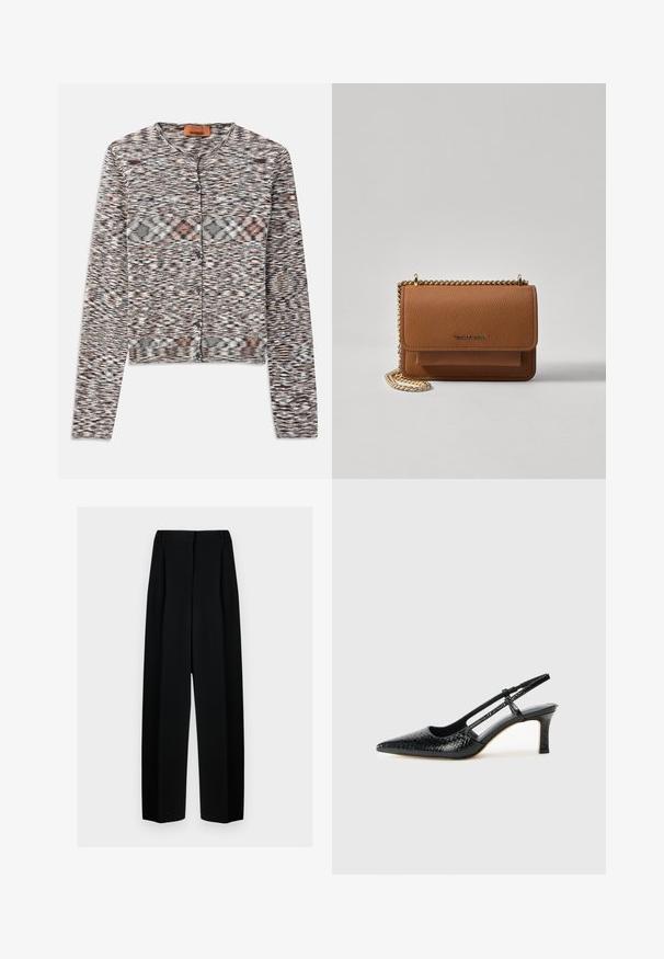 Kratka cardigan jakna s okroglim ovratnikom, izdelana iz teksturiranega pletenega materiala. Ima večbarvni abstraktni vzorec, sprednje gumbe in dolge rokave.; Črna brezrokavna majica z visokim ovratnikom, z rebrasto teksturo in oprijetim krojem. Gladek material z visokim ovratnikom in brez dodatnih okrasitev.; Črne široke hlače z visokim pasom, ki vključujejo naborke in gladko teksturo. Tkanina se zdi lahka in elegantno pada.; Črne lakaste slingback pete s koničastim nosom, ki imajo teksturiran vzorec kačje kože, nastavljiv trak in kratek teksturiran blok peto.; Rjava teksturirana usnjena torba čez ramo z zlatim verižnim trakom in zapiranjem na pokrov. Spredaj je vidna podrobnost logotipa in žep pod pokrovom.