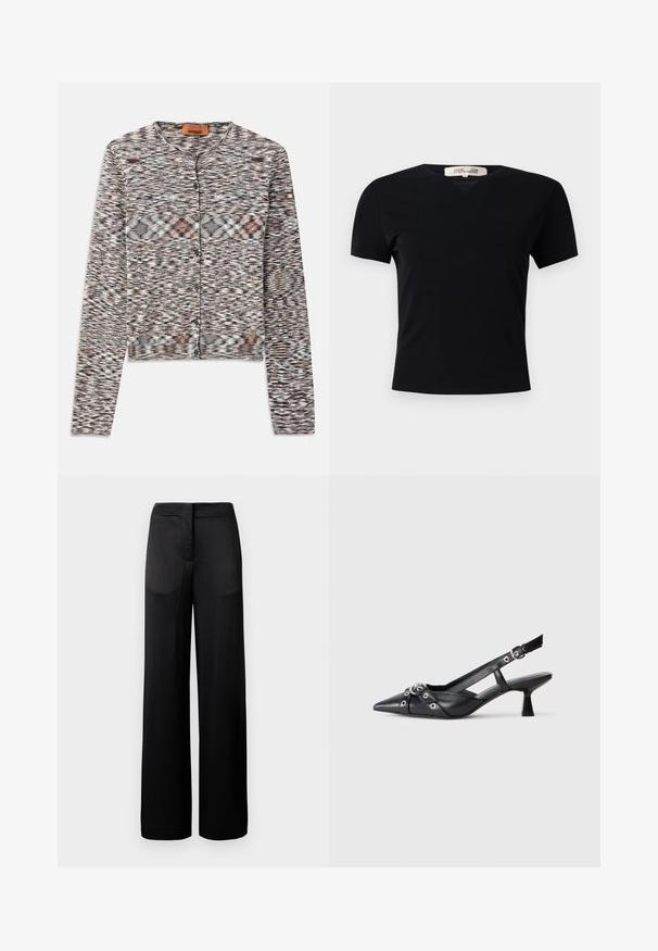 Korte cardigan met een ronde hals, gemaakt van textuur gebreide stof. Bevat een multikleurig abstract patroon, voorknopen en lange mouwen.; Zwarte T-shirt met korte mouwen en V-halsontwerp, gemaakt van een gladde, rekbare stof. Kenmerkt zich door een eenvoudige, klassieke silhoutte zonder versieringen.; Zwarte wijdvallende broek met een gestructureerd oppervlak, voorzien van een platte tailleband en twee zijzakken. De stof lijkt licht en vloeiend.; Zwarte leren slingback schoen met een puntige neus, decoratieve banden met metalen oogjes en een lage blokhak. Textuur oppervlak.