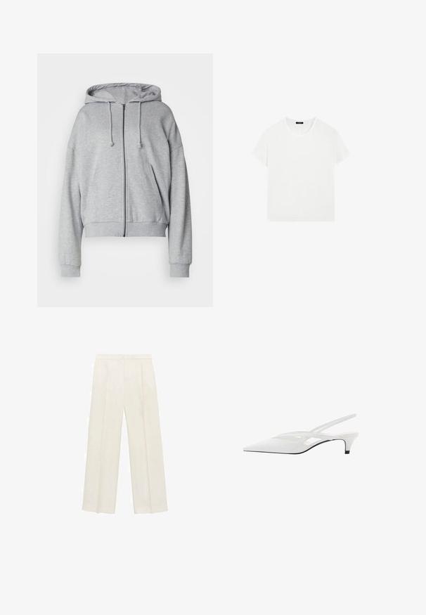 Felpa con zip grigia, dotata di cappuccio con cordino, vestibilità comoda, tasche laterali, polsini e orlo a costine, realizzata in morbido tessuto traspirante.; Massimo Dutti SHORT-SLEEVE WITH CREW NECK - T-shirt basic - white; Pantaloni a gamba larga di un leggero colore crema. Realizzati in un tessuto morbido con pieghe sul davanti e tasche laterali.; Décolleté bianco con punta affilata, caratterizzato da una tomaia liscia, sottili aperture e un tacco a blocco basso. La suola nera esalta il design.