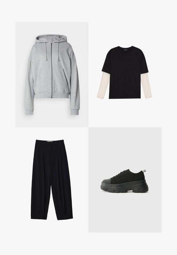 Grauer Reißverschluss-Hoodie mit Kordelzugkapuze, lockerer Passform, seitlichen Taschen, gerippten Bündchen und Saum, aus weichem, schweißableitendem Material.; Schwarzes T-Shirt aus Baumwolle mit kurzen Ärmeln über einer weißen Langarmschicht, die ein dezentes strukturiertes Muster aufweist. Rundhalsausschnitt.; Schwarze weit geschnittene Hose aus leichtem Stoff, mit vorderen Falten, klassischem Bund und seitlichen Taschen. Angenehme Struktur.; Schwarze Sneakers mit einer dicken Gummisohle, strukturiertem Obermaterial, runder Zehenpartie und Schnürdesign. Verfügt über verstärkte Ösen und eine Schlaufe an der Rückseite.