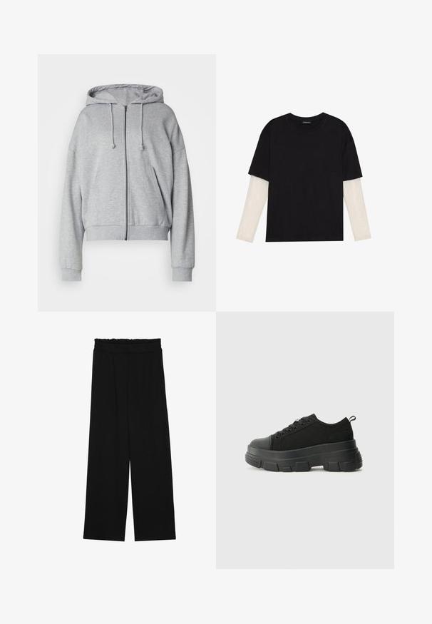 Hallideg harjastega kapuutsiga hall võtmega pusa, mugav lõige, küljetaskud, soonikkoes mansetid ja äär, valmistatud pehmest niiskust imavast kangast.; Mustmust särk, mis on valmistatud puuvillast, lühikeste varrukatega, valge pika varrukaga kihi peal, millel on peene tekstuuriga muster. Ümar kaelus.; Mustad laiad püksid rüüstatud vöökohtadega, millel on kaks küljetaskut ja ühetaoline, kerge kangas. Ilma nähtavate mustrite või seadmeteeta.; Mustad mustad mustikad, millel on tugev kummist põhi, tekstuuriga kangast pealis, ümar varvas ja seotud disain. Omab tugevdatud silmuseid ja tagumist tõmbeotsta.