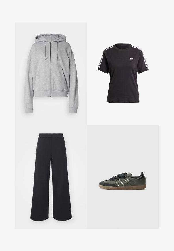 Grå zip-up hoodie med dragsko i huvan, avslappnad passform, sidofickor, ribbade ärmslut och nederkant, tillverkad av mjukt svettavledande material.; Svart bomullst-shirt med kort ärm och rund halsringning, prydd med vita ränder på axlarna och en liten vit Adidas-logotyp på bröstet.; Svarta vida sweatpants tillverkade av mjukt tyg, med ett elastiskt midjeband och en liten logotyp på vänster sida.; adidas Originals SAMBA OG - Sneakers - core black/legend earth/gum