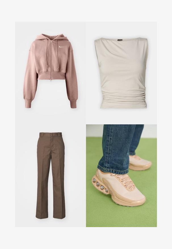 Nike Sportswear SPORTSWEAR PHOENIX FLEECE - Mikina s kapucňou - mink brown/sail; Gina Tricot SOFT TOUCH BOATNECK TOP - Top - pumice stone; Hnedé bavlnené nohavice so strihom rovného nohavice, s plochým predným dielom a pútkami na opasok. Hladká textúra, bez viditeľných vzorov alebo akcentov.; Svetlo béžové športové topánky majú sieťovanú vrchnú časť, gumovú podrážku a zaoblené detaily s kovovými akcentmi. Sú nosené s modrými džínami na zelenom povrchu.