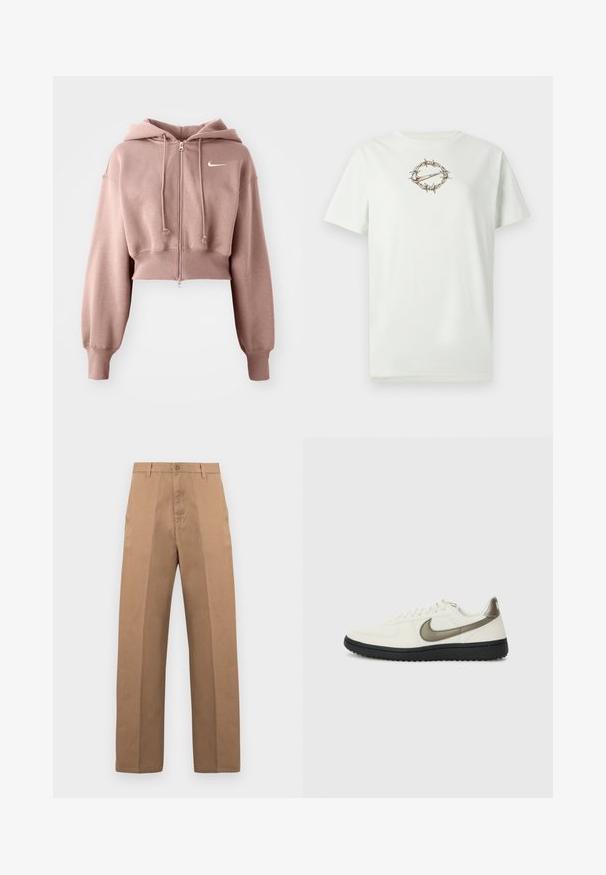 Nike Sportswear SPORTSWEAR PHOENIX FLEECE - Felpa con cappuccio - mink brown/sail; Maglietta di cotone verde chiaro con grafica centrale di filo spinato che circonda un logo. Scollo tondo e maniche corte. Tessuto morbido.; Pantaloni di cotone marroni con design a gamba dritta, caratterizzati da una chiusura con bottoni, passanti per cintura e cuciture minimaliste per un look pulito.; Nike Sportswear FIELD GENERAL - Sneakers basse - off-white/black