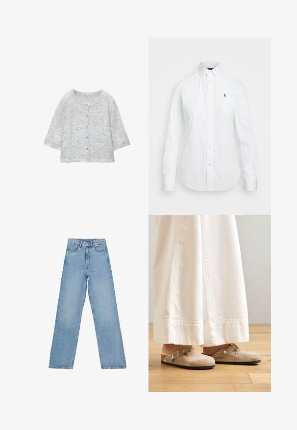 Vaalea harmaa neulehuppari, jossa on pyöreä kaula-aukko, etupainikkeet, ¾-pituiset hihaset ja pehmeä, teksturoitu pinta.; Valkoinen nappikauluspaita, jossa on terävä kaulus, pitkät hihat ja pieni sininen logo vasemmassa rinnassa. Valmistettu puuvillakankaasta.; Vaaleansiniset farkut, joissa on korkea vyötärö, suora lahjetyyli, viisi taskua ja nappisulku. Ei näkyviä kuvioita.; Beige mokasiner i suède med en spännband och nitar, som bärs med vita vida byxor, placerade på ett trägolv.