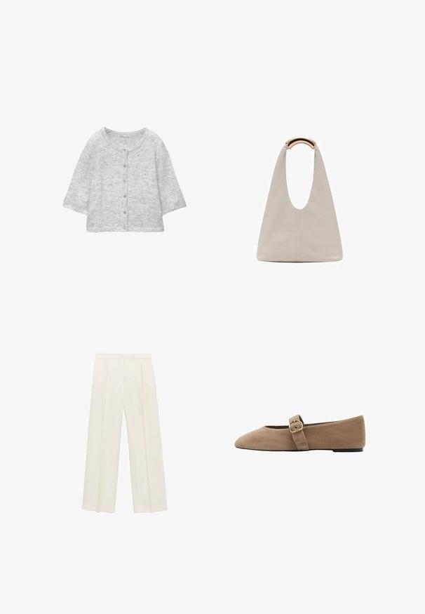 Cardigan lavorato a maglia grigio chiaro con scollo rotondo, bottoni frontali, maniche a ¾ e una finitura morbida e testurizzata.; Camicia bianca a maniche corte realizzata in tessuto morbido, con scollo rotondo e un design semplice e minimalista privo di pattern o dettagli visibili.; Pantaloni a gamba larga di un leggero colore crema. Realizzati in un tessuto morbido con pieghe sul davanti e tasche laterali.; Scarpa piatta in suede beige con punta affusolata e una cinghia regolabile con fibbia in metallo sul lato per la chiusura.; Borsa in pelle grigio chiaro con design a forma di U e manico metallico curvo. Texture liscia con cuciture minime e senza motivi visibili.