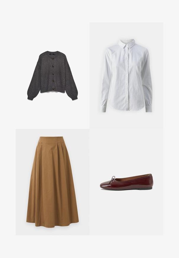 Harmaa neulottu neuletakki pyöreällä kauluksella, edessä seitsemän suurta tummaa nappia ja ylipitkät hihat. Koko pinnassa teksturoitu kuvio.; Valkoinen napitettava paita, joka on valmistettu sileästä puuvillasta. Paidassa on klassinen kaulus, pitkät hihat ja kaareva helma. Nappien koko on pieni ja ne ovat valkoiset.; Ruskea puuvillainen A-linjainen hame korkealla vyötäröllä, jossa on laskokset edessä ja sileä pinta. Helma on viimeistelty siististi ja yksinkertaisesti.; Burgundin värinen lakattu nahkainen ballerinatossu pyöreällä varvaskärjellä, pienen nauhan yksityiskohdalla edessä ja matalalla mustalla kumipohjalla. Sujuva pinta.