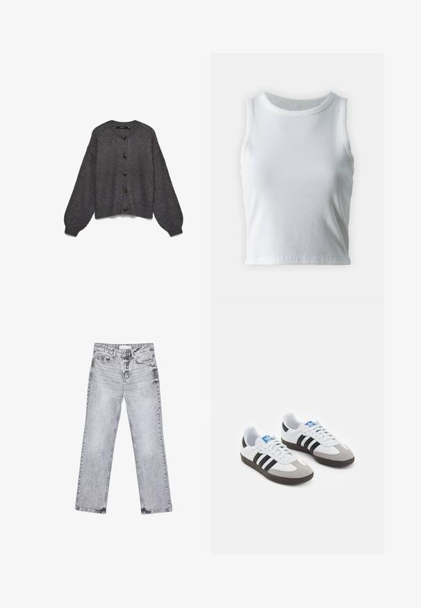 Grå strikket cardigan med rund krave, syv store mørke knapper foran og oversize ærmer. Tekstureret mønster over det hele.; Hvid ribbet tanktop med rund halsudskæring og ærmeløs design, med en lige kant og en glat, strækbar tekstur.; Grå denim jeans med lige ben, distressed detaljer, fem lommer og kobbernitter. Taljebåndet har et logomærke.; Sportsko med en overdel i hvid læder, grå ruskind på tåen og tre sorte striber. Har et blåt logo på tungen og en struktureret gummisål.