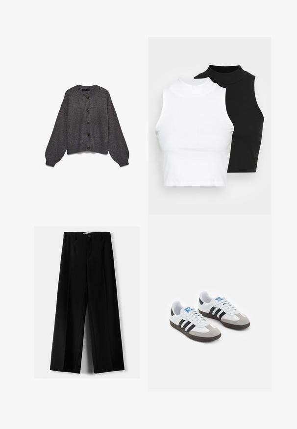 Grijze gebreide cardigan met een ronde kraag, zeven grote donkere knopen aan de voorkant en oversized mouwen. Gevuld met een gestructureerd patroon.; Twee mouwloze ribgebreide coltruien in zwart en wit, met een slim fit ontwerp en een gladde textuur, met een cropped lengte.; Zwarte wijde broek van lichtgewicht stof, met een knoopsluiting aan de voorkant en een vlakke achterkant, afgewerkt met keurig gestikte zoom.; Sportschoenen met een witte leren bovenkant, grijze suède neus en drie zwarte strepen. Bevat een blauw logo op de tong en een gestructureerde rubberen zool.
