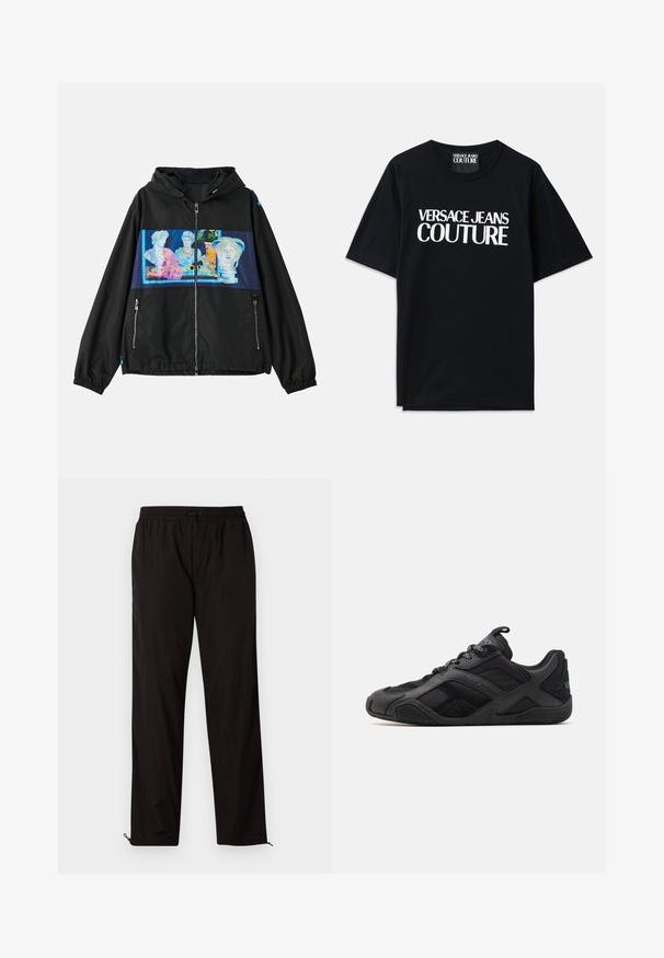 Musthave tihe, millel on kapuuts, esipaneelil on värviline graafiline kujundus klassikalisest skulptuurist. Sisaldab lukuga taskuid ja elastseid mansette.; Mustmust värvi puuvillane T-särk lühikeste varrukatega, mille esiküljel on suur valge kiri "VERSACE JEANS COUTURE". Klassikaline ümarkaelus.; Mustad mustriga püksid elastse vöökoha, nööridega sulgemise ja reguleeritavate sääreotstega, millel on lukud. Sile ja läikiv tekstuur.; Mustad mustreeritud ja siledate detailidega mustad jooksujalatsid, millel on silmapaistev disain, kujundatud tald ja silmatorkavad kaubamärgiga detailid.