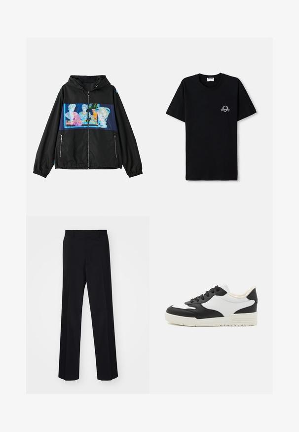 Black jacket with a hood, featuring a colorful graphic panel of classical sculptures on the front. Includes zippered pockets and elastic cuffs.; Black cotton t-shirt with a crew neckline. Features a small white graphic design on the chest. Short sleeves and straight hem.; Black tailored trousers with a wide-leg design, featuring a smooth texture and sharp creases, made from a woven fabric.; Black and white sneaker with a smooth leather upper, rounded toe, and flat rubber sole. Features black laces and soft inner lining.