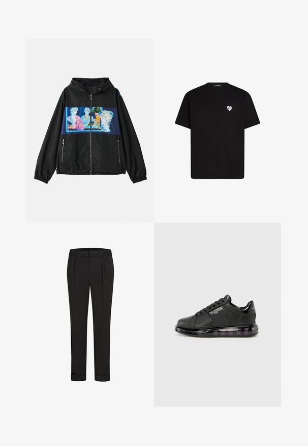 Jachetă neagră cu glugă, având un panou grafic colorat cu sculpturi clasice pe față. Include buzunare cu fermoar și manșete elastice.; Tricou din bumbac negru, cu mâ sleeves scurte, decolteu rotund și un mic grafic cu un inel alb pe partea stângă a pieptului.; Pantaloni negri cu talie elastică, având un design cu picioare drepte și manșete suflecate. Realizați dintr-un material neted, țesut, fără modele.; Adidași negri cu partea superioară din piele netedă, vârf rotund și design cu șireturi. Prezintă o talpă transparentă, căptușită, cu un gradient întunecat.