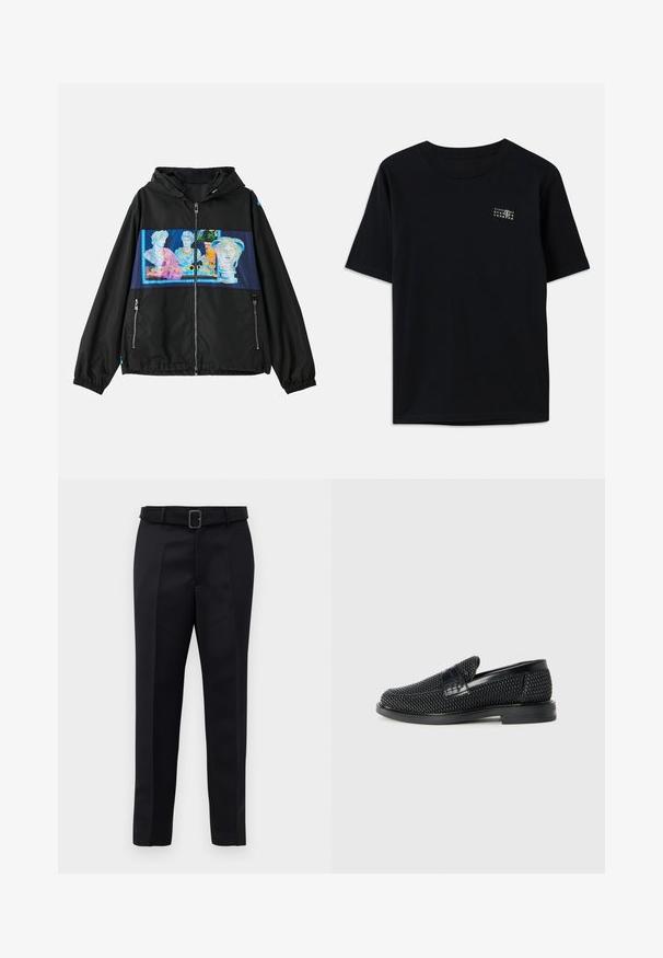 Chaqueta negra con capucha, que presenta un panel gráfico colorido de esculturas clásicas en la parte frontal. Incluye bolsillos con cremallera y puños elásticos.; Camiseta de algodón negra con mangas cortas, escote redondo y un pequeño gráfico blanco con números en el lado izquierdo del pecho.; Los pantalones negros de corte ajustado presentan un tejido suave, un corte recto y una cintura con cinturón y hebilla rectangular. Las pliegues frontales notables realzan el diseño.; Zapato negro de tejido con un acento de cuero suave en la parte superior, diseño de punta redonda y suela de goma de perfil bajo.