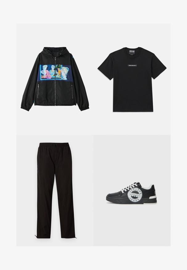 Black jacket with a hood, featuring a colorful graphic panel of classical sculptures on the front. Includes zippered pockets and elastic cuffs.; Black short-sleeve t-shirt made from cotton. Features a rectangular logo label on the chest with "VERSACE JEANS COUTURE" in white text.; Black lightweight trousers with an elastic waistband, drawstring closure, and zippered hems for adjustable fit. Smooth, sleek texture.; Black leather sneakers with white accents, round logo detailing, perforated toe, and contrasting sole. Features white laces and branding.