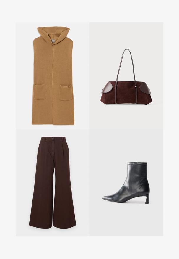 Cardigã longo com capuz em malha canelada na cor camelo. Possui dois bolsos frontais. Textura suave com design de abertura frontal.; Camisa de botões de manga longa castanho-escuro, com dois bolsos de aba no peito e um colarinho clássico, apresentada contra um fundo branco liso.; Calças largas de cintura alta, castanhas, com fecho de botão e zíper, passantes para cinto e pregas frontais.; Bota de tornozelo em pele preta com biqueira apontada e um design elegante. Apresenta um salto baixo e um fecho com zipper na parte de trás. Textura suave.; Bolsa de camurça castanha com acabamentos em pele, forma estruturada, duas alças de ombro e bordas arredondadas, apresentando uma textura suave e hardware mínimo.