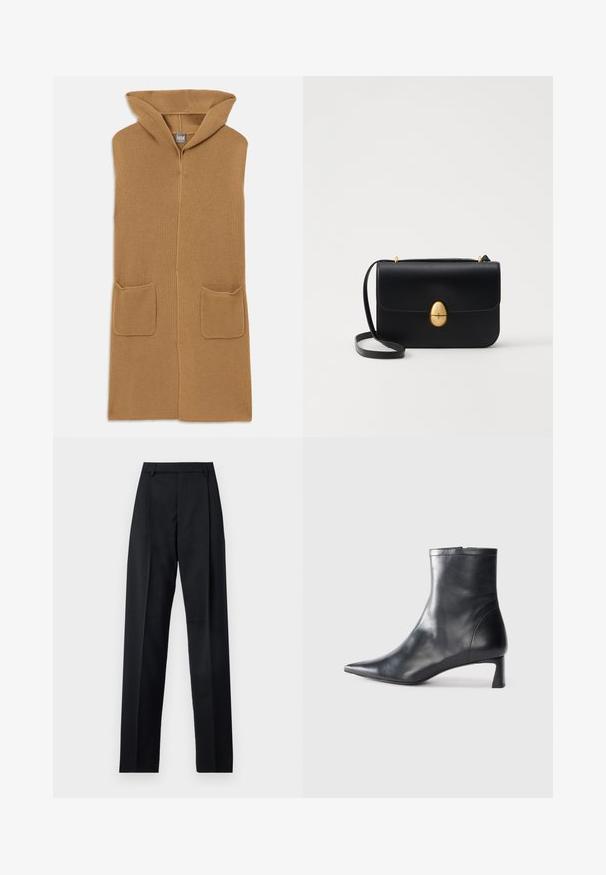 Cardigã longo com capuz em malha canelada na cor camelo. Possui dois bolsos frontais. Textura suave com design de abertura frontal.; T-shirt de algodão preto de manga curta com gola redonda, deitado sobre um fundo branco, com etiqueta da marca visível dentro da gola.; Calças pretas feitas de um tecido suave, com uma cintura alta, pernas largas, pregas frontais e passadores de cinto clássicos. Não há bolsos laterais visíveis.; Bota de tornozelo em pele preta com biqueira apontada e um design elegante. Apresenta um salto baixo e um fecho com zipper na parte de trás. Textura suave.; Bolsa de mão em couro preto com uma forma rectangular estruturada. Apresenta um fecho oval dourado e uma alça para o ombro fina. Textura suave.