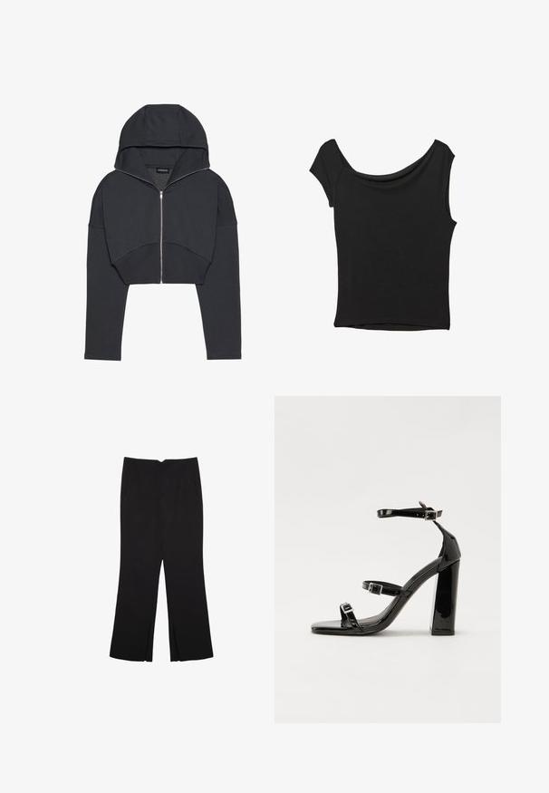 Felpa nera tagliata, realizzata in un tessuto morbido, con zip frontale, ampio cappuccio e polsi a coste. Presenta un design minimalista senza pattern.; Top nero a maniche corte realizzato in tessuto liscio; presenta un colletto drappeggiato e un orlo asimmetrico, con una vestibilità aderente.; Pantaloni neri a gamba dritta, con tasche frontali e spacchi laterali all'orlo. Realizzati in tessuto morbido e liscio. Adatti a diverse occasioni.; Sandali con tacco in vernice nera, con punta squadrata, cinturini alla caviglia e fibbie in argento. Presentano un tacco a blocco spesso per maggiore stabilità.